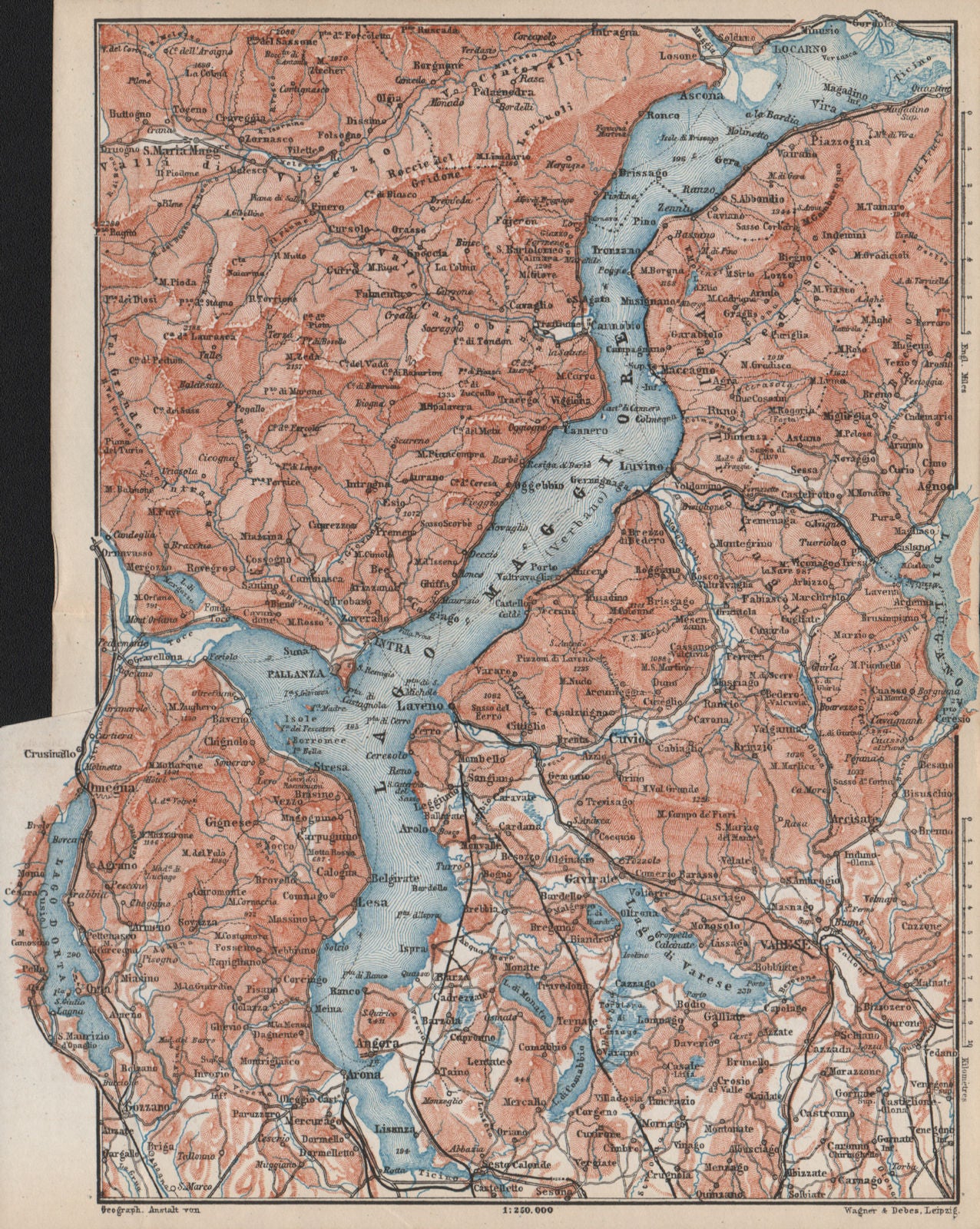 LAGO MAGGIORE. Lake Maggiore. Varese Varesa Pallanza. Topo-map. Italy 1889